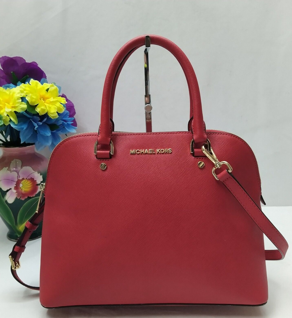 Michael Kors Cindy Red Leather Double Handles Zipper Closure Satchel Bag